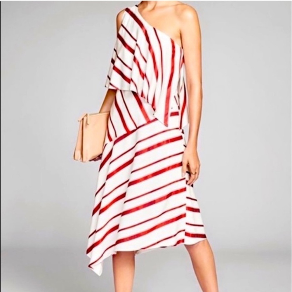Banana Republic Womens One Shoulder Striped Midi Dress Red White Asymmetrical 4‎